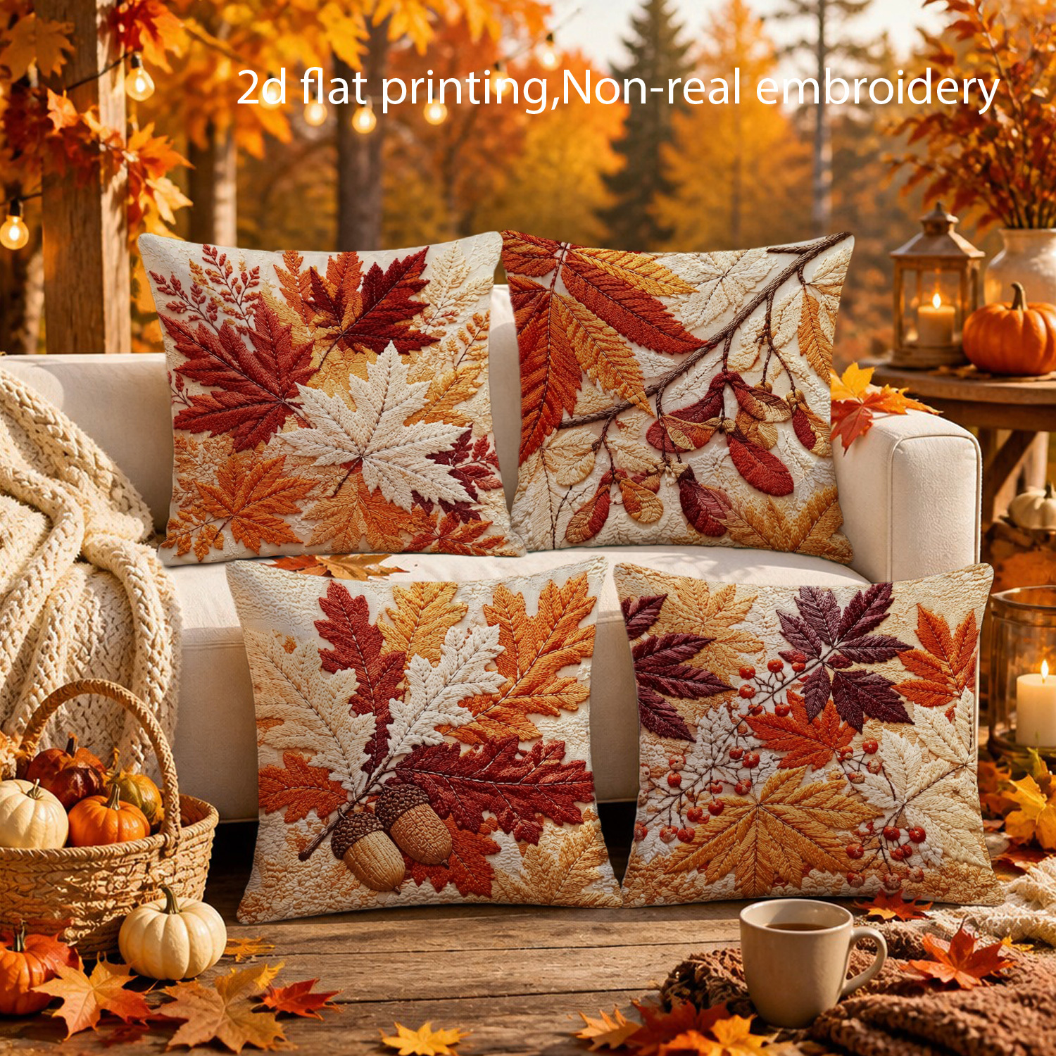 TEMU 2d Flat-4pcs Autumn Maple Leaf Ambiance Pillow Covers, Decorative Throw Pillowcases/cushion Covers, Single-sided Print, Zipper Closure, Machine