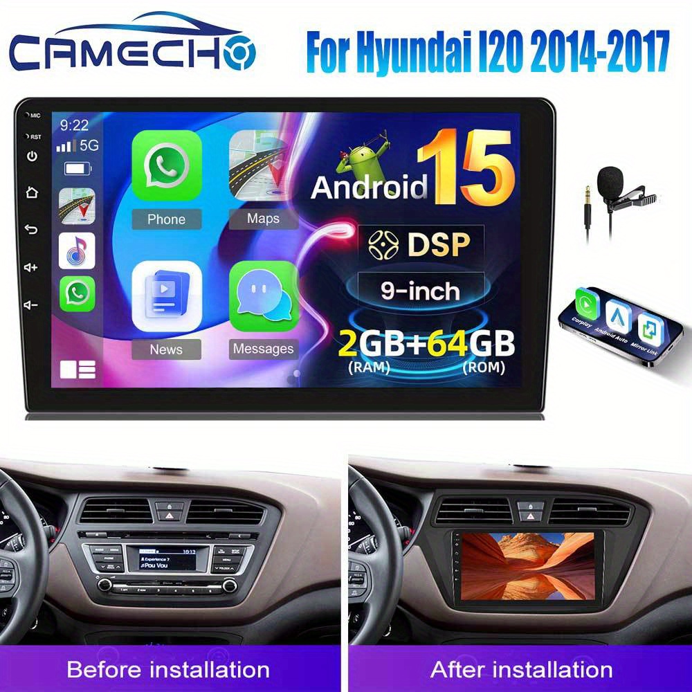 Camecho 15.0 Dsp Car Stereo Radio Designed For I20 Models From 2014 To 2017 (left-hand Drive) Featuring , Auto, And , Equipped With [2g+64g] 9-inch Hd Ips Touch Screen, Built-in Gps, Wireless, Wifi
