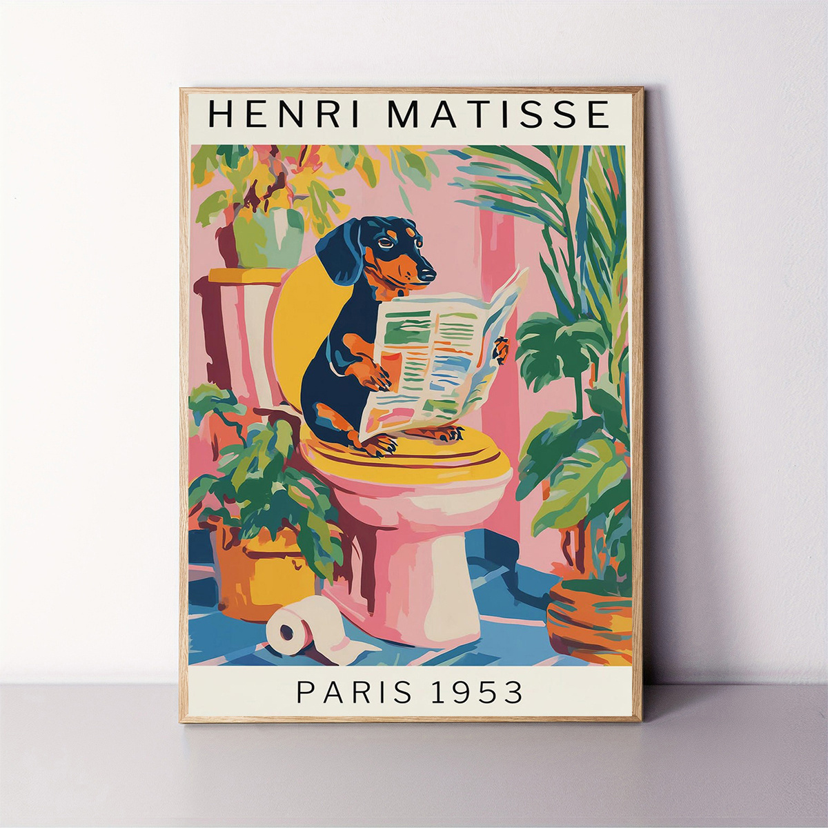 E-shop 2D Flat, 2D Flat, 1 Stück, 12X16 Zoll, Ungerahmt. Lustiges Dackel Badezimmer Wandkunst Poster, Inspiriert von Matisse, Ausgefallene Hunde Deko,