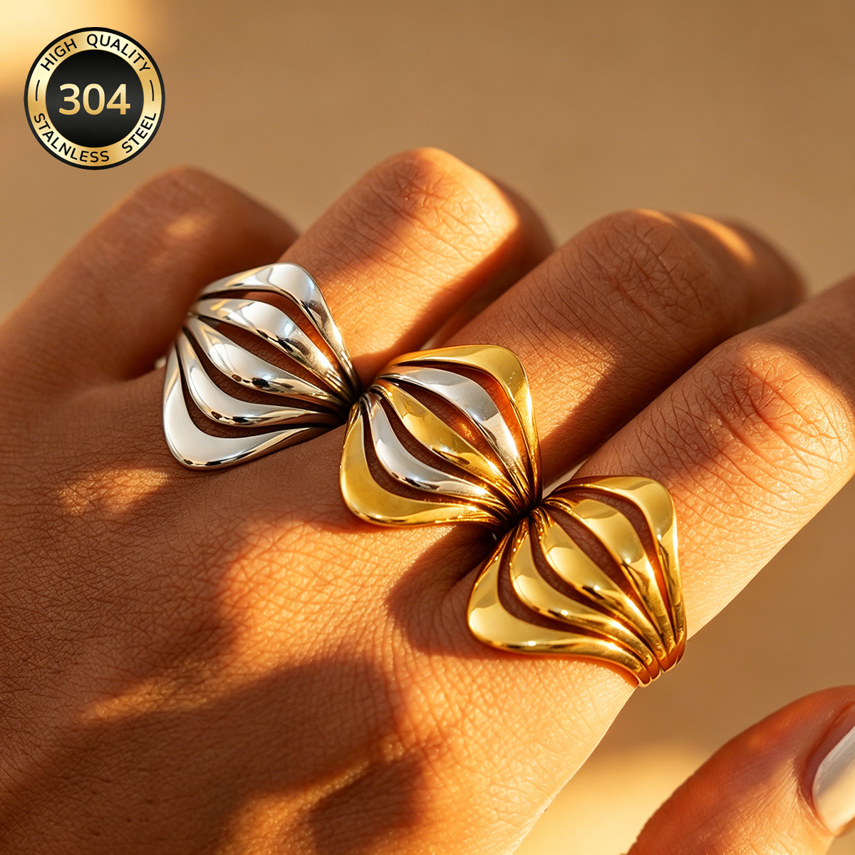 Multi-layer Openwork Fan-shaped Stainless Steel Ring, 18k Gold Plated