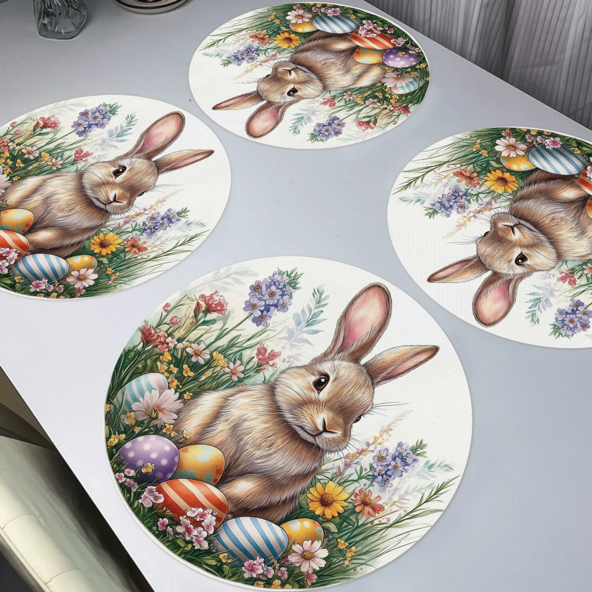 

4pcs Spring Cute Rabbit Placemats,colorful Floral Round Table Mats For Home Decor Non-slip Washable Place Mats For Daily Banquet Party Dining Table Decoration 15