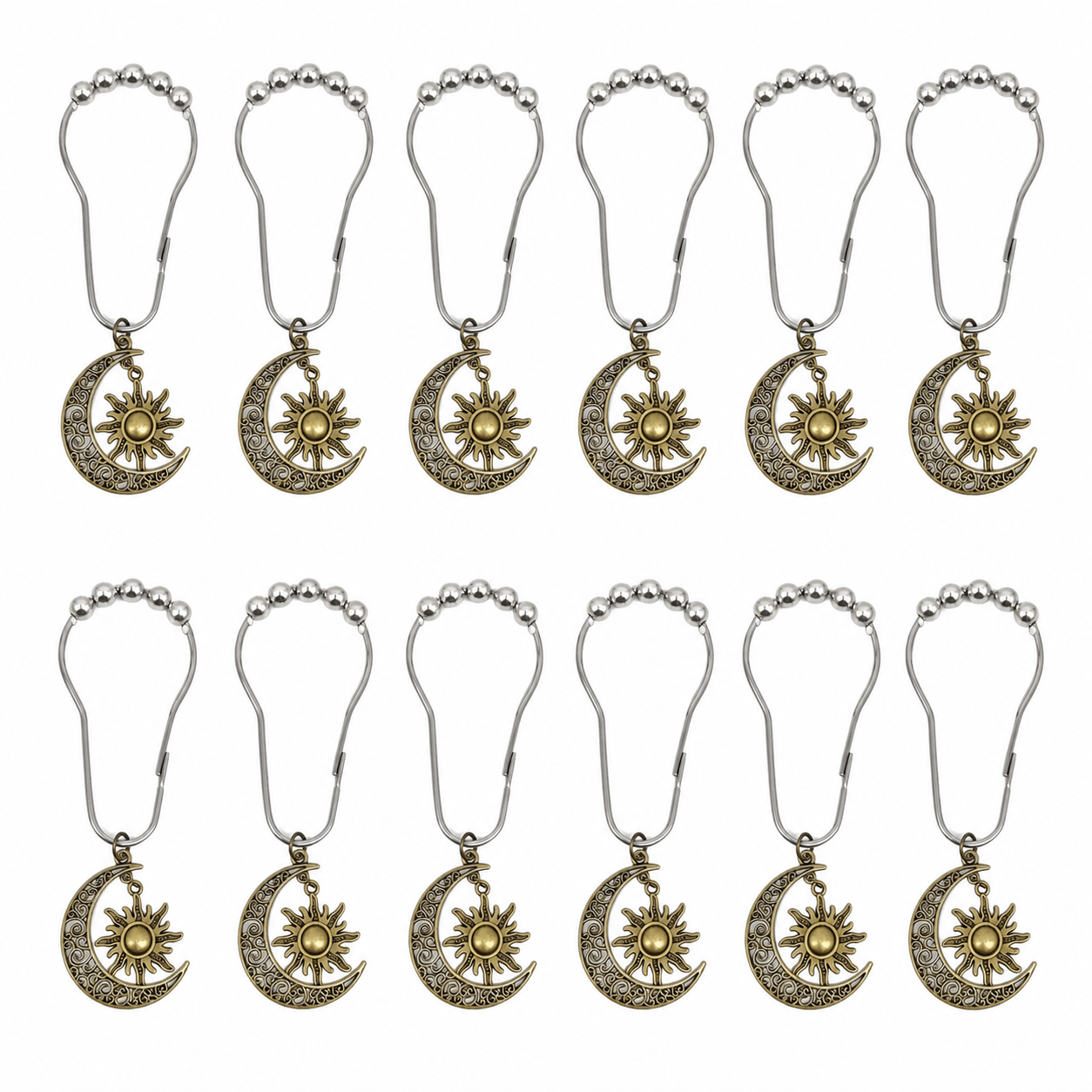 TEMU 12pcs Set Moon Shower Curtain Hooks Metal Ball Curtain Hooks Creative Pendant Decorative Rings Suitable For Shower Curtains Curtains With Holes
