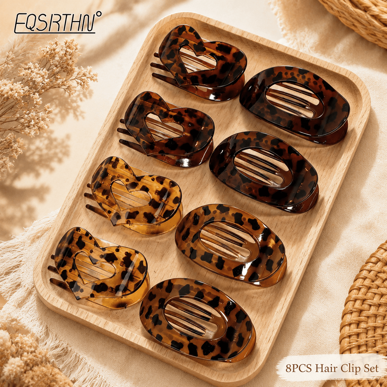 TEMU 8pcs Vintage Tortoise Print Hair Barrettes Nonslip Heart Oval Hair Claw Clips Styling Pins For Women Elegant Aesthetic Hair Accessories Trendy
