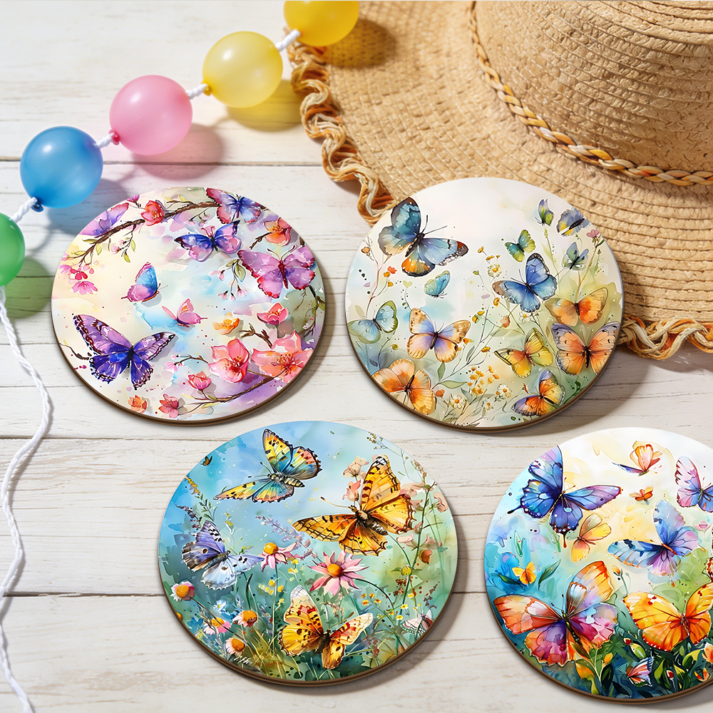 TEMU 2d Flat, 4pcs Gradient Color Floral Thickened Wooden Coasters, Stain-resistant Heat-resistant Scratch-proof, Kitchen Countertop Cold Drink Hot