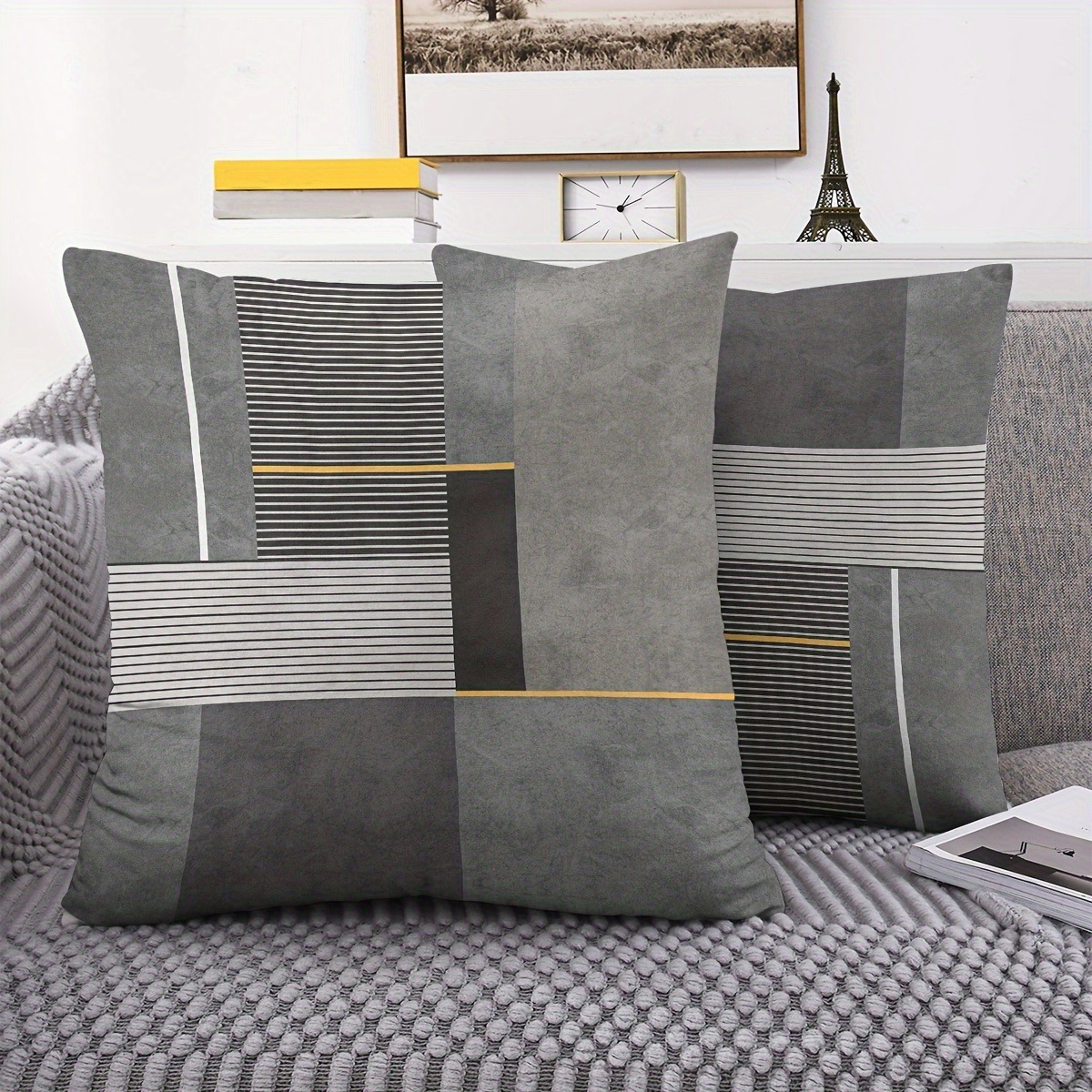 Image of Set Of 2 Contemporary Grey Pillow Covers Featuring Stripes And Geometric Designs - Equipped With Zipper Closure, Made From Polyester, Hand Wash Only, Suitable For Different Rooms