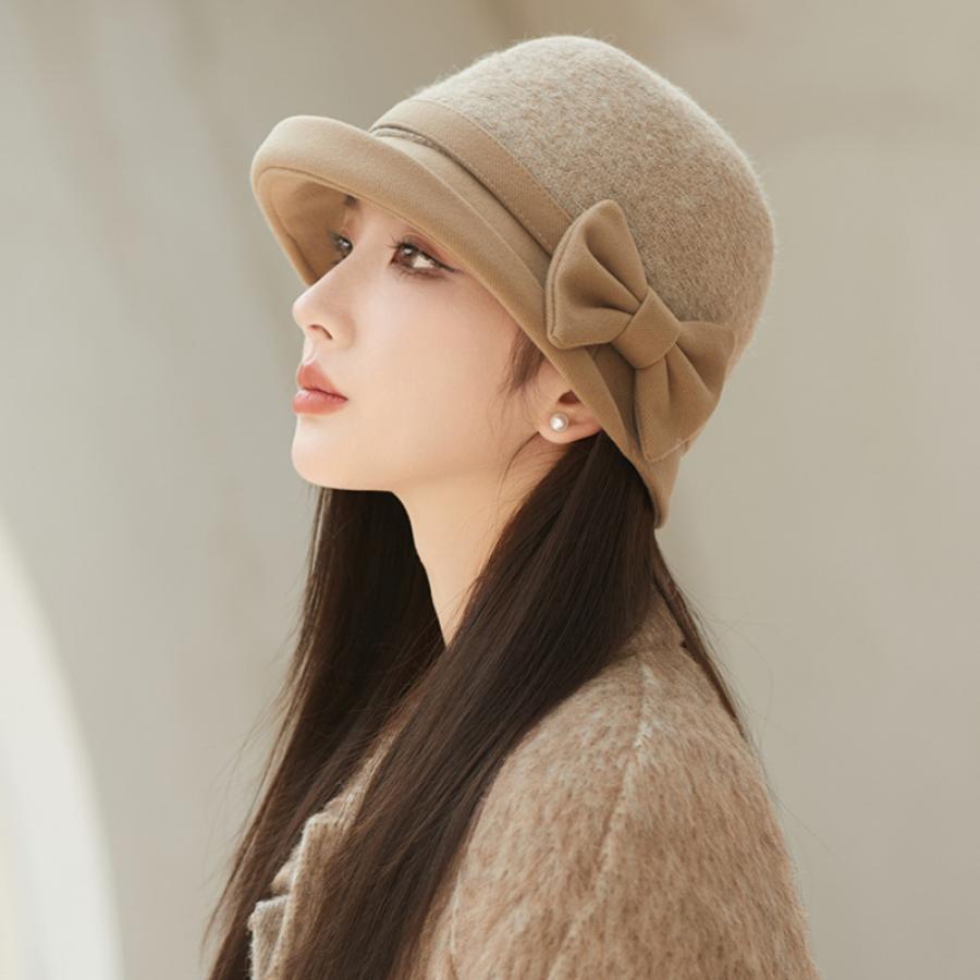 Women's Wool Bucket Hat with Plaid Bowknot Stylish Lightweight  Fall/Winter Basin Cap, One-Size Fits All, Hand Washable, Beige Elegant  Design for Win