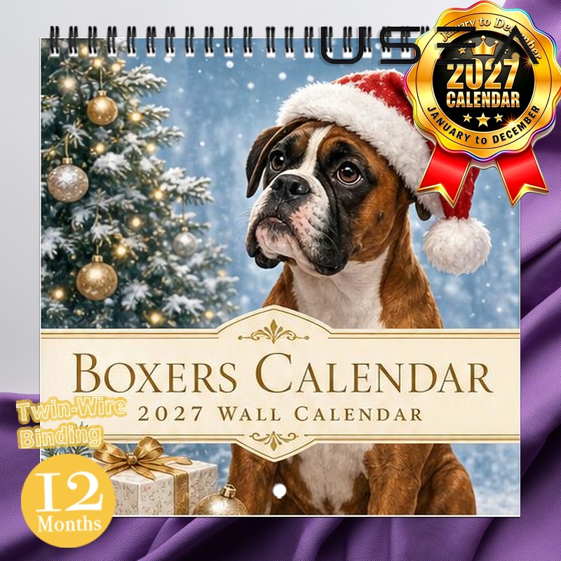 TEMU 2027 Wall Calendar2027 Boxer Dog Christmas Wall Calendar, 12-month Hanging Calendar With Twin Wire Spiral Binding, 8.3x8.3 Inch Square, Large