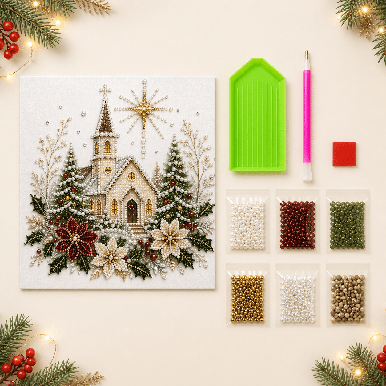 TEMU Kit de création DIY de Noël avec perles - Église dans , sapin de Noël et poinsettia ; Décoration murale festive ; Cadeau de Noël ; cadre 11.8' x
