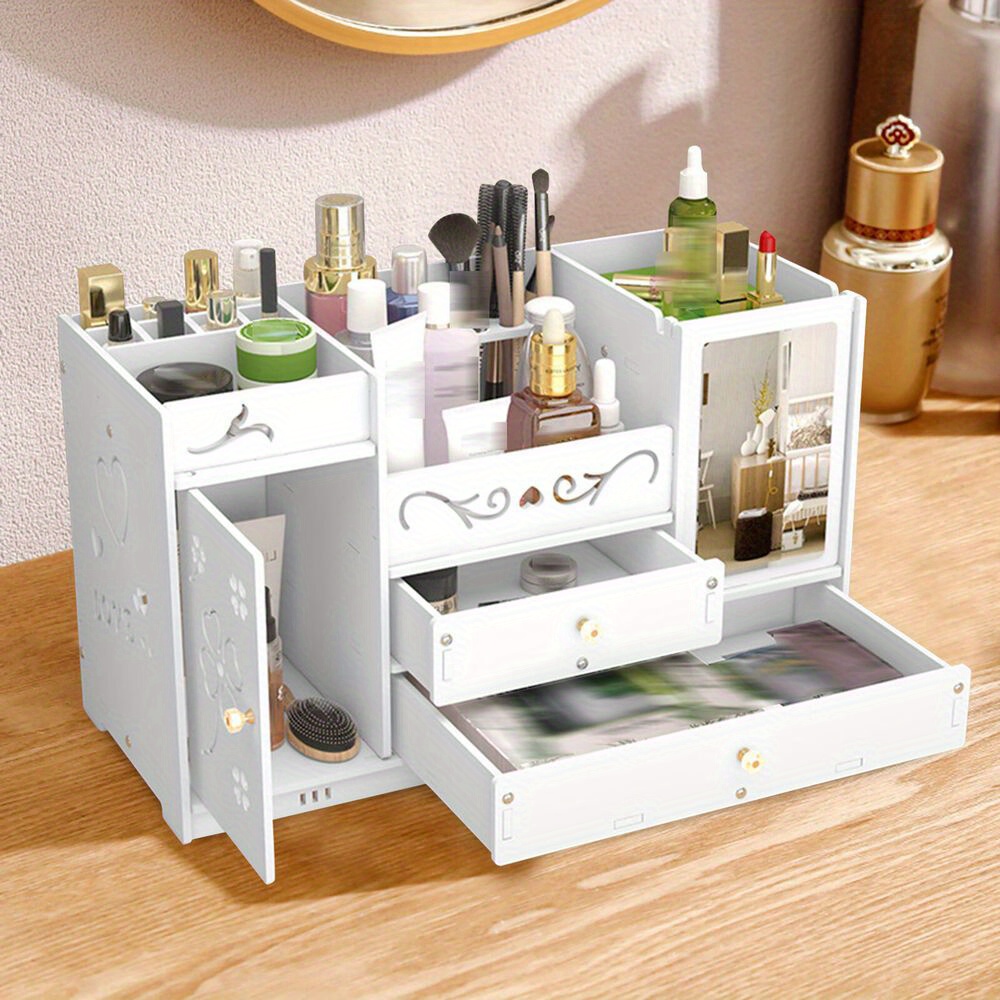 TEMU Oukaning Makeup Organizer - Pvc Cosmetic Storage Box With Mirror, Countertop Mounted, Space For Tall Skin Care Products, Small Makeup Palettes,