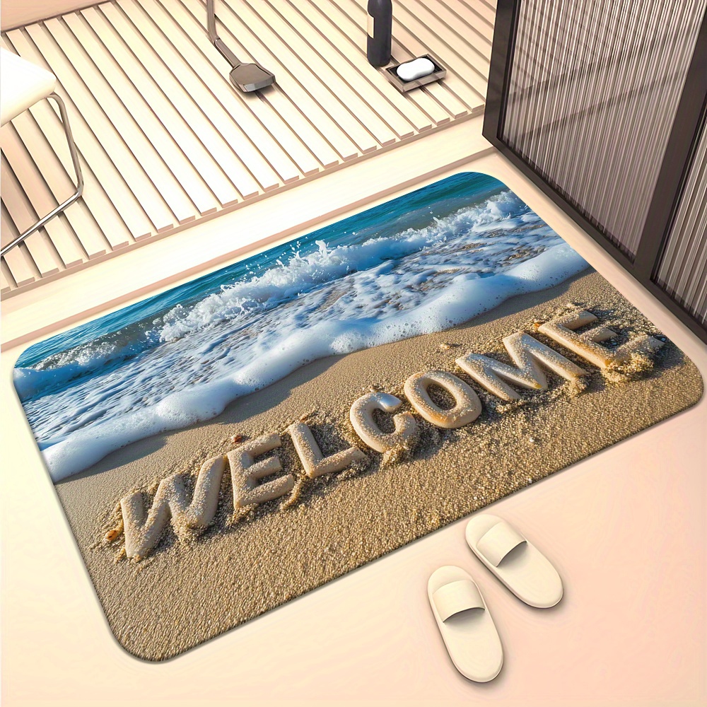 TEMU 1pc, Hd Printed Door Mat With A 'welcome' Design, Non-slip Bathroom Floor Mats, Microfiber Absorbent Polyester Rug Suitable For Bedroom, Living