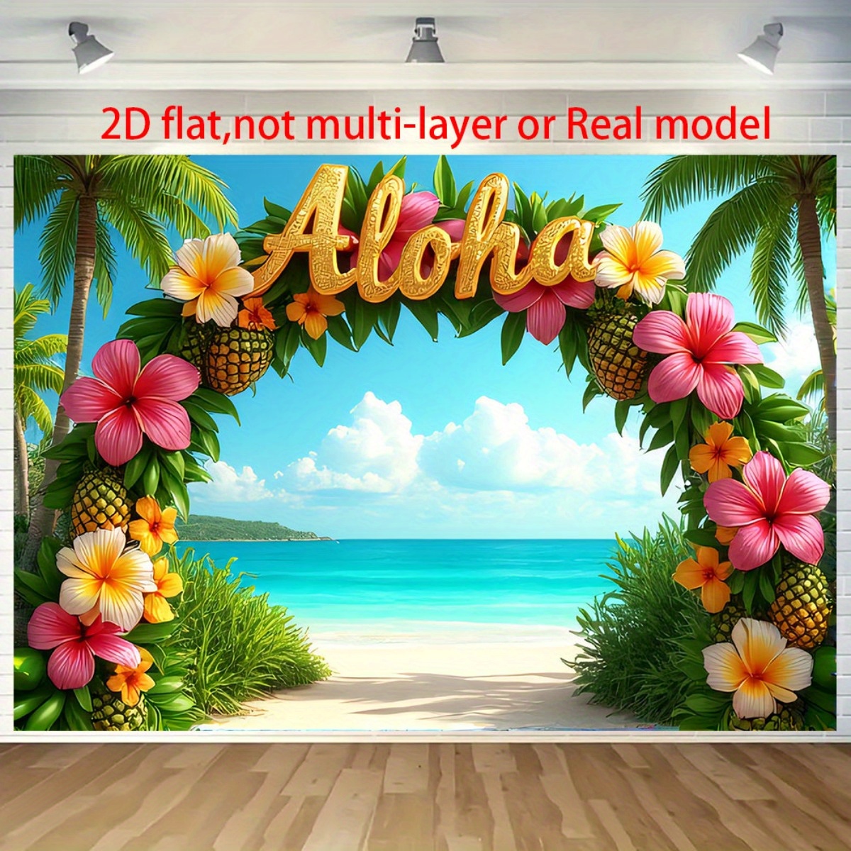 TEMU 2d Flat, 2d Flat Banner, 1pc Background Banner - Extra Large Party Decoration With Aloha Arch, Palm Trees, Pineapple - Suitable For Hawaiian