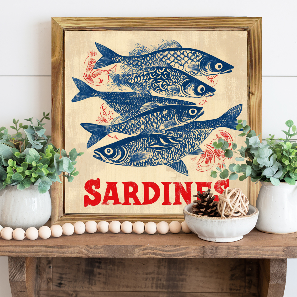 TEMU 1pc Panneau Mural Vintage avec Cadre en Bois - Décoration Poisson en Boîte, Cadre à Grain de Bois, Plaque Rustique Suspendue 8x8 Pouces, Idéal