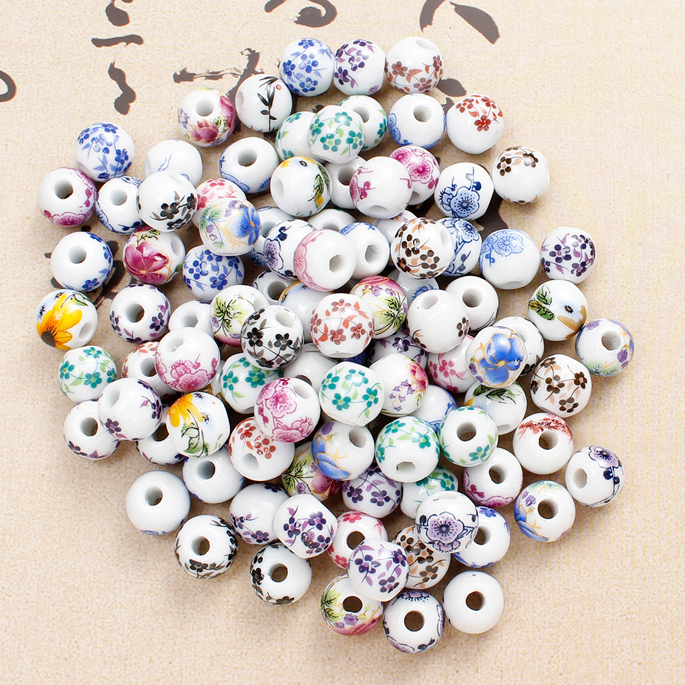 30pcs Fresh Floral Plant Printed Ceramic Loose Beads for DIY Making