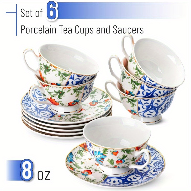 btat set of 6 vintage   floral porcelain tea cups & saucers - 8oz elegant   bone china-style cups with dishwasher safe design, microwave & freezer safe, stackable for space-saving storage - ideal for tea, coffee, home or gifting, coffee drinks,  , durable saucers,    , drinkware set, coffee enthusiasts, gift   Product details 2