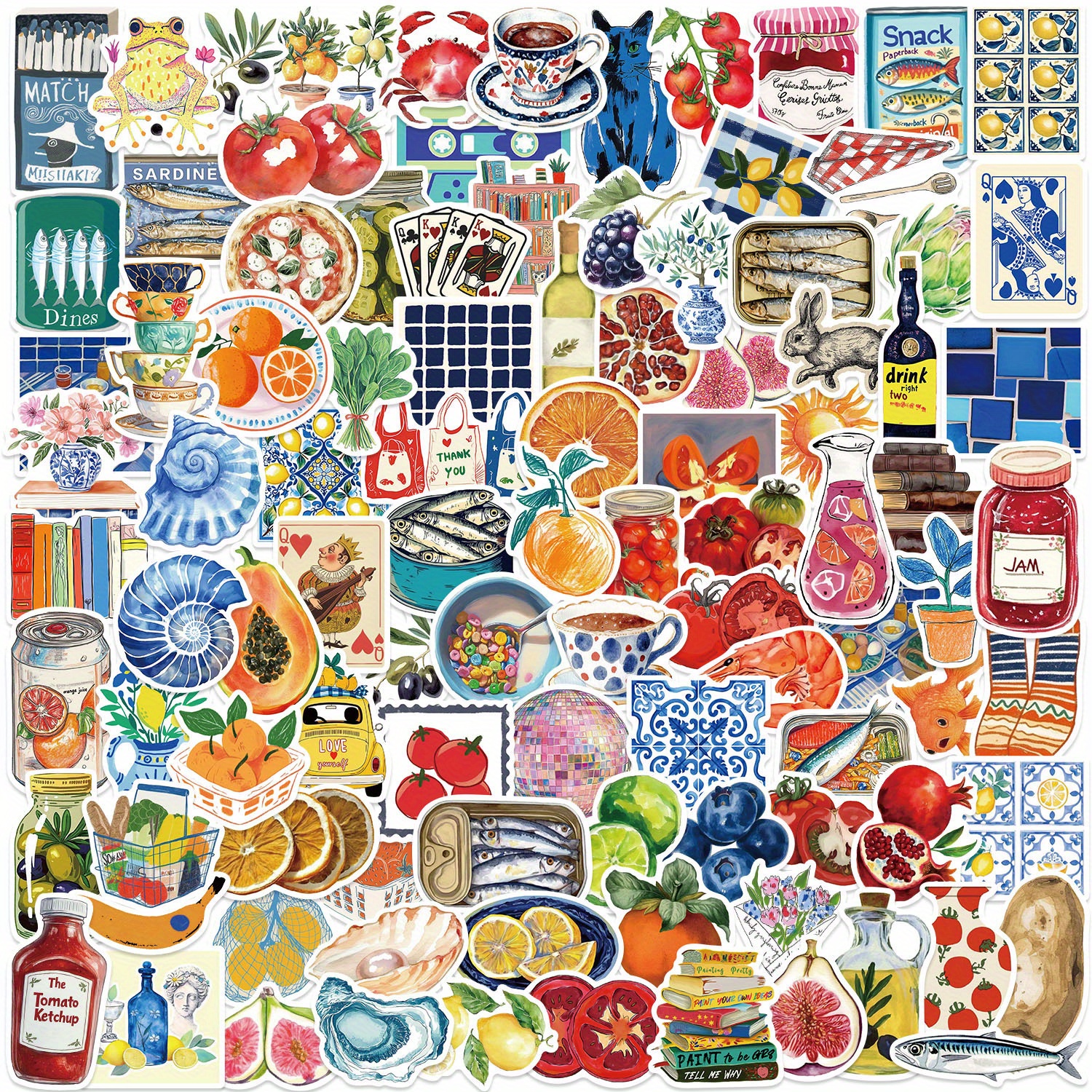 Image of 100pcs Mediterranean Diet Aesthetic 2d Stickers Mediterranean Decor Stickers Vinyl Stickers For Laptops, Skating, Water Bottle, Guitar, Luggage, Phone, Case, Skateboard, Gifts, Computer, Journaling