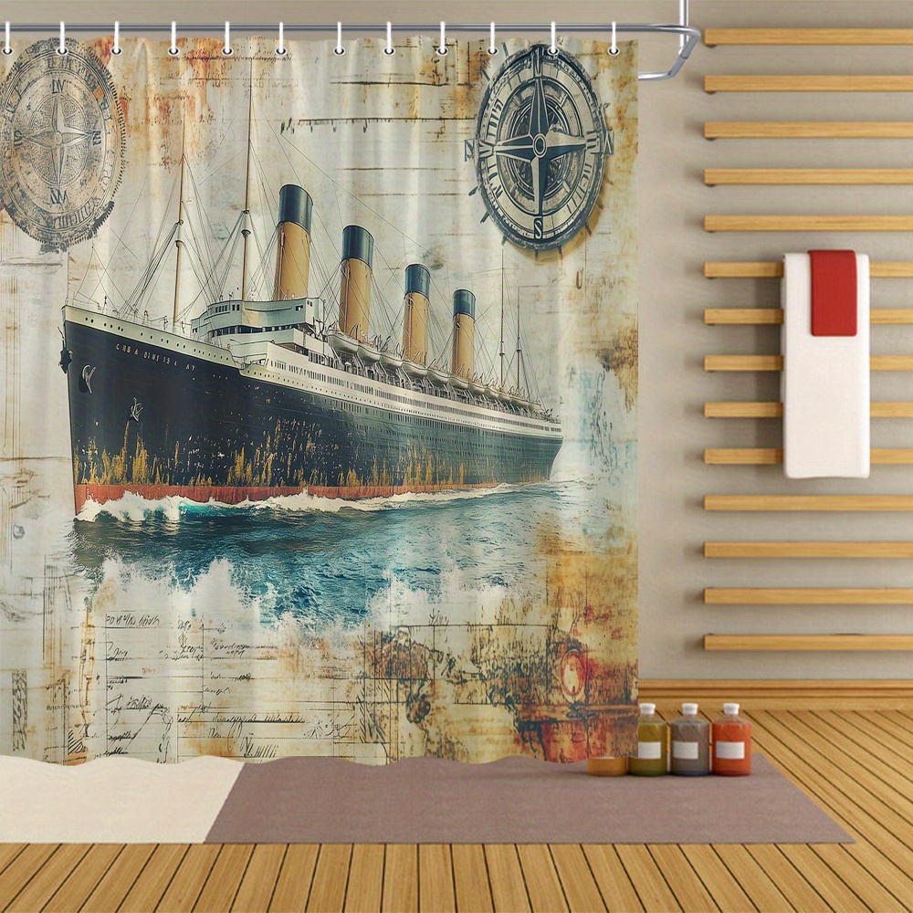 TEMU 1pc Vintage Rms Nautical Charts & Compasses Shower Curtain, 70x70 Inches, Polyester Fabric, Machine Washable, , Unlined, Includes 12 Hooks,