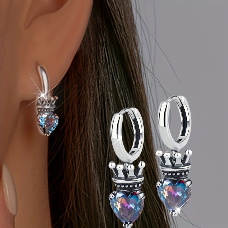 E-shop 1 Paar Vintage Bunte Zirkonia Herz Ohrhänger Mode Krone Reifen Ohrringe für Frauen Täglich Lässig Party Ohrringe Halloween Ohrringe Schmuck