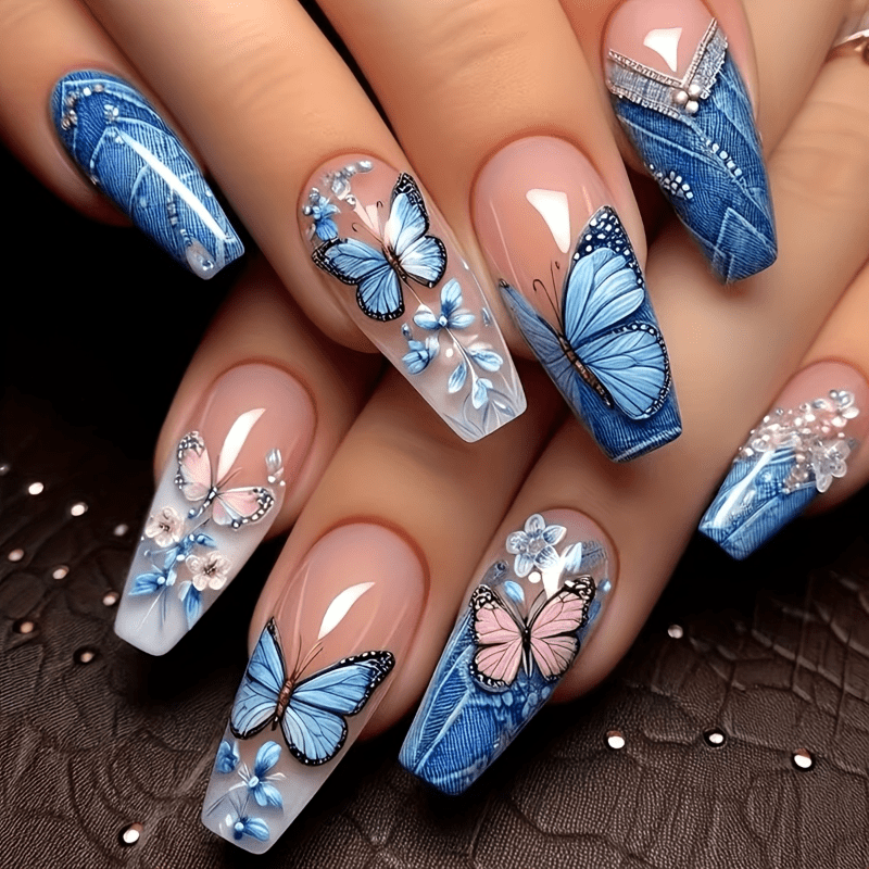 48pcs Denim Ballet Press-on Nails With & Animal Patterns - Long Fake Nail Tips, Glossy Finish, Jelly Glue & Nail Files Suitable For Hands, Dance Performances, Daily Wear
