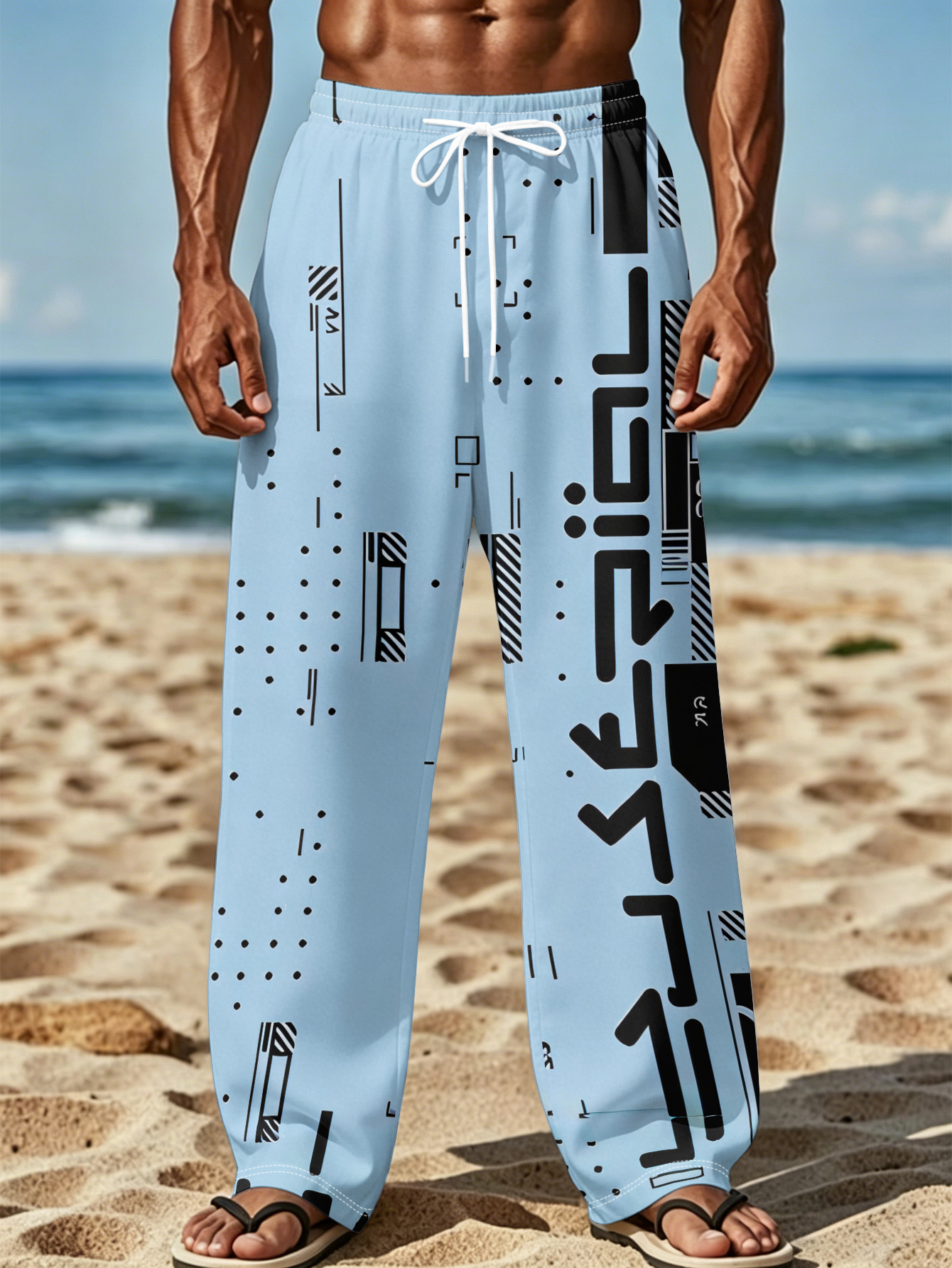printed design not textured fashionable printed mens trousers featuring   design pattern with geometric elements as   color scheme   straight leg pants come with pockets and a drawstring   a trendy european