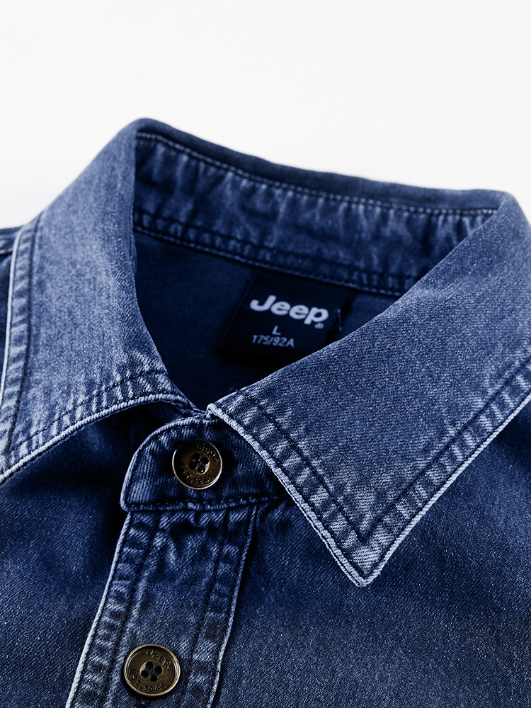 Jeep Cotton Denim Long Sleeve Shirt for Men Embroidered Logo Lapel Button Double Chest Pockets Wrinkle-resistant Stylish Light Business Casual
