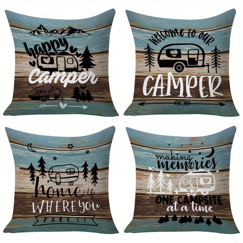 E-shop 4er-Set Camping-Motiv Kissenbezüge mit englischem Text, einseitig bedruckt, drei Größen erhältlich, Reißverschluss, geeignet für