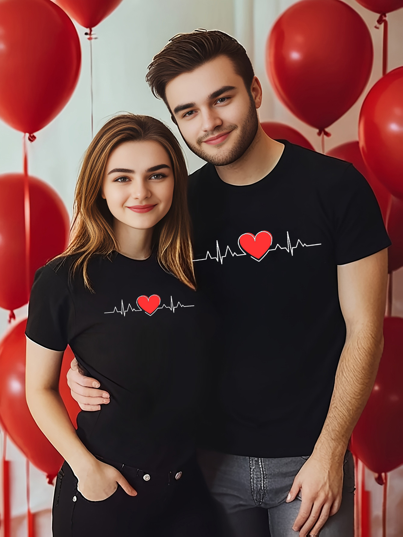 matching black t shirts with heartbeat   casual short sleeve   for couples perfect valentines day or christmas gift       apparel matching tshirt set knitted texture mens black 0
