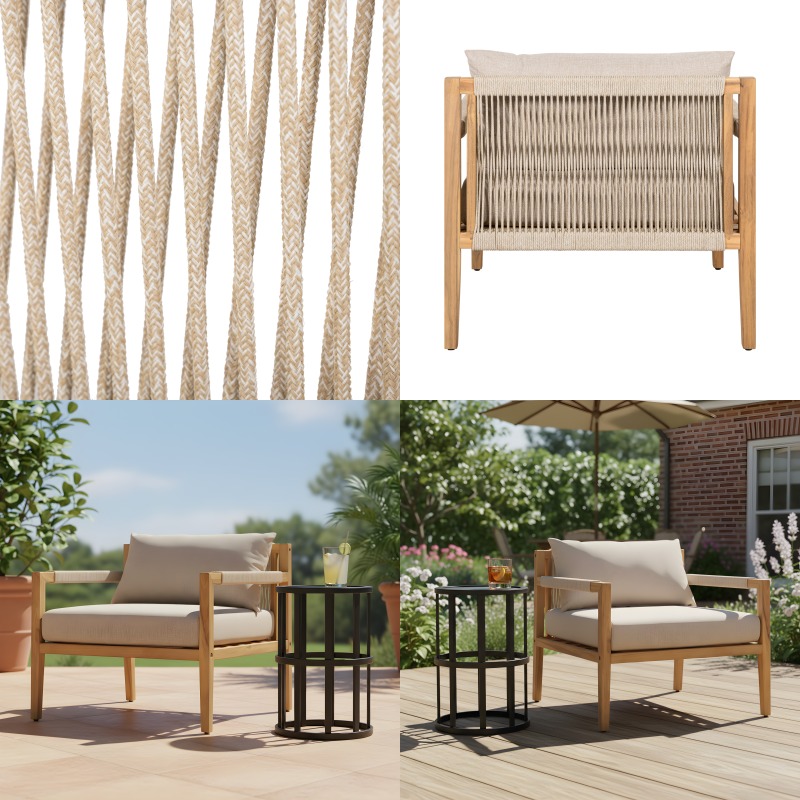 Acacia And Beige Rope Lounge Chair with Ceramic Tile Side Table Set
