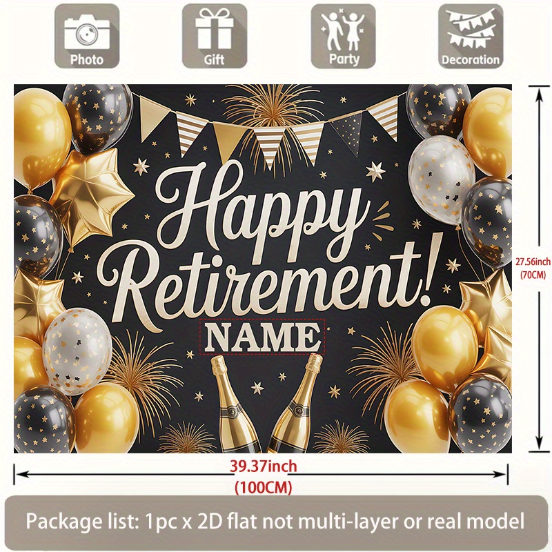 2d flat 1pc personalized retirement banner custom name party decoration with   fireworks design black   colors durable polyester banner for retirement birthday wedding photo backdrop easy to hang celebration decor event signage festive theme   print decorative sign event organizers 2d flat