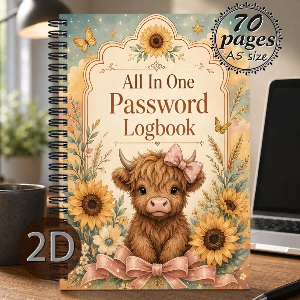 TEMU 1pc 14.5x21cm Password Address Books, Log Book - Internet Login Organizer With Highland Cow & Sunflower, For Adults & Seniors, Personal/home