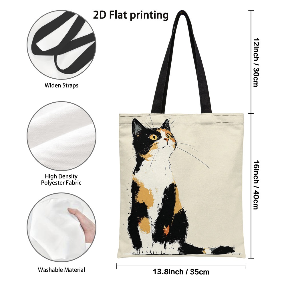 TEMU 1pc Sitting Calico Cat Feline Pattern Tote Bag - Reusable Grocery Bags With Vibrant 2d Print, Durable Shoulder Handbag For Shopping, Grocery &