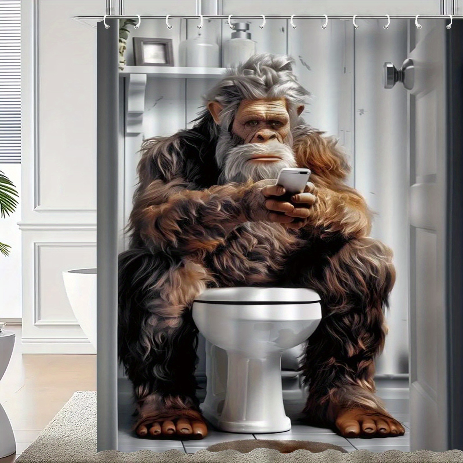 Gorilla-Themed Shower Curtain with Mobile Phone Design