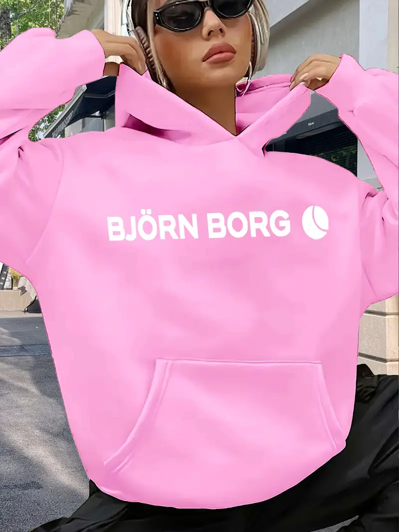 Pink Women's Oversized Hooded Sweatshirt with Bold White Swedish Text Print (Björn Borg Lettering)