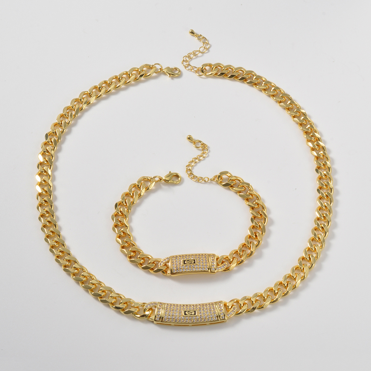 TEMU 1 SET Collier et bracelet à maillons cubains en de cuivre plaqué or , bijoux rectangulaires avec accent CZ pour cadeau