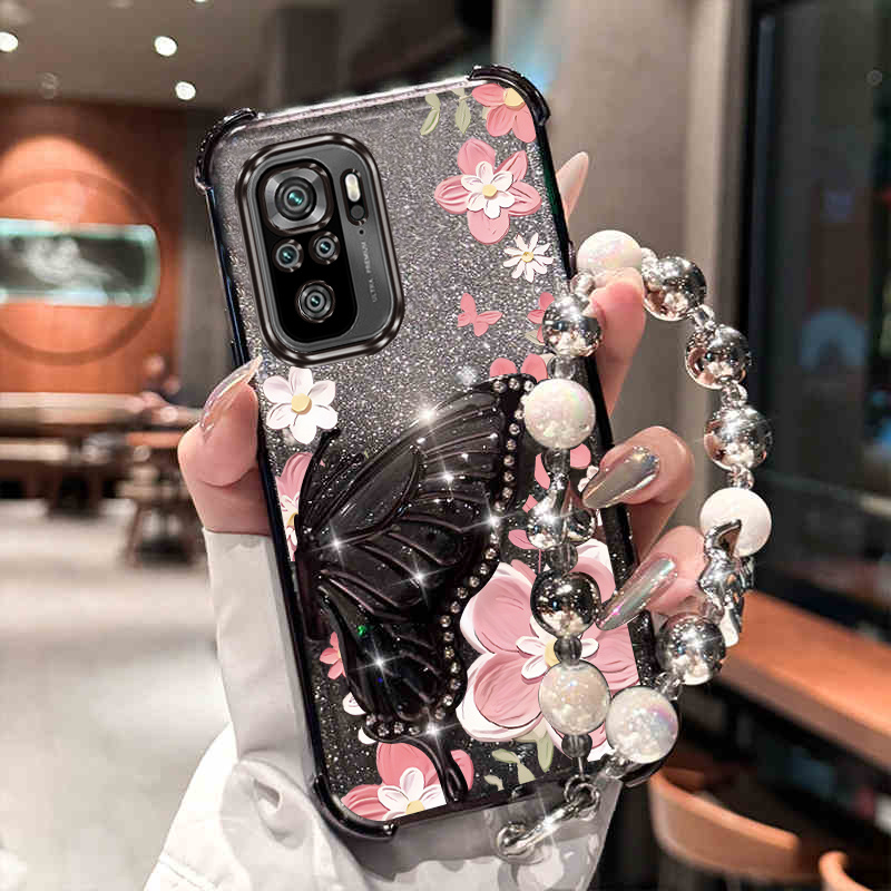 TEMU Luxury Phone Case With Wrist Strap, Featuring Glittery Flowers And Butterflies, Designed For Xiaomi Redmi Note 10s, Providing Anti-knock And