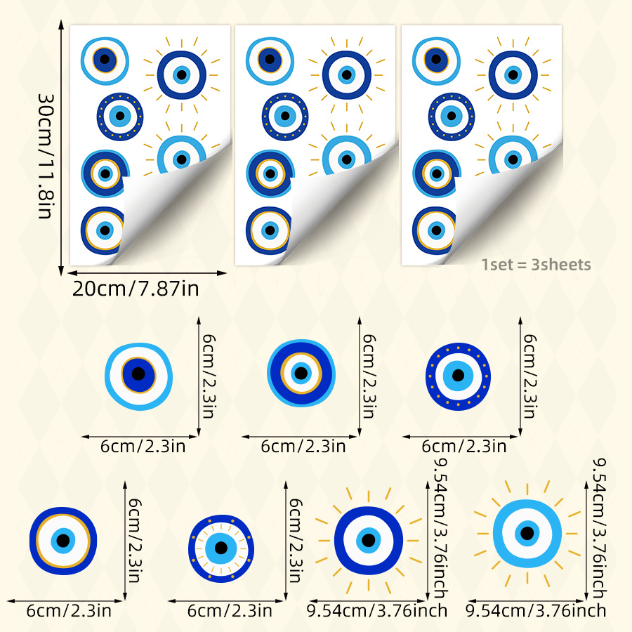 Image of 3 Sheets Bohemian Blue Decals With Mandala And Evil Eye Pattern, Blue Scheme With Accents, Removable Peel And Stick Stickers For Living Room Bedroom Decor, Artistic Theme Wall Art