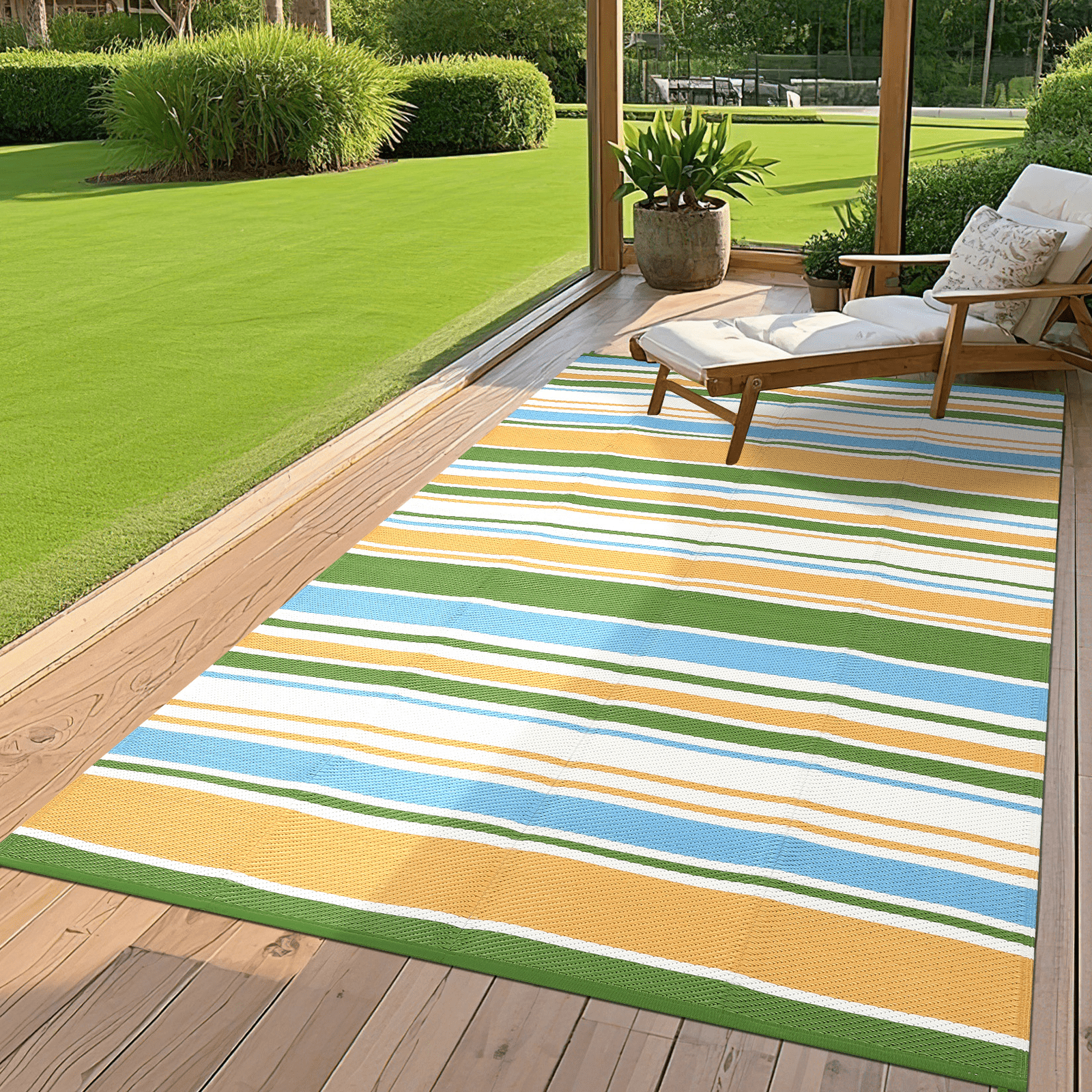 Image of Linear Geometric Reversible Outdoor Area Mat, Lightweight Portable Floor Mat For Patio, Porch, Deck, Balcony, Rv, Beach, Camping And Picnic