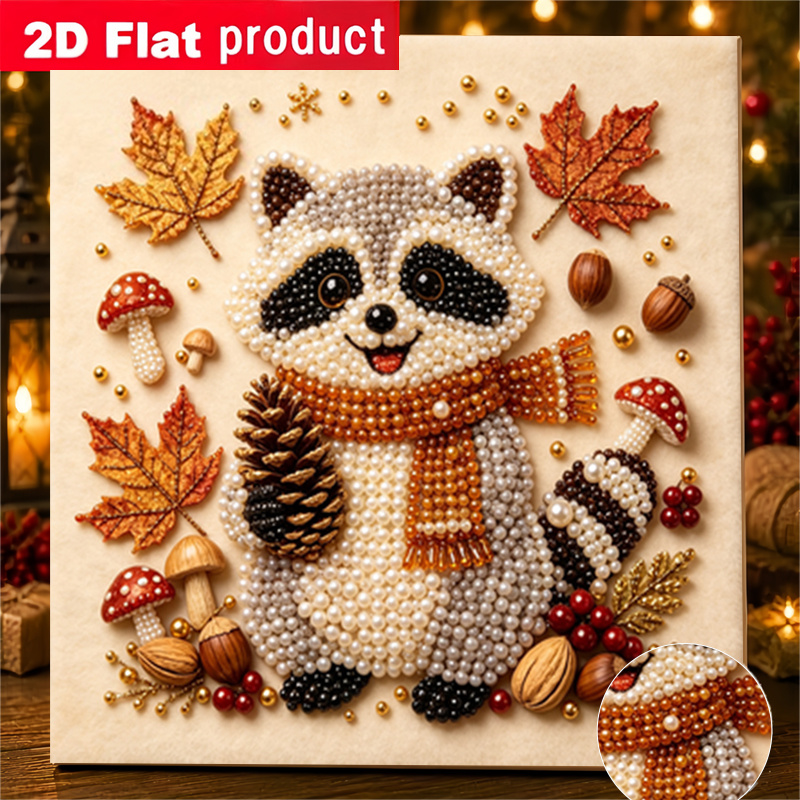 TEMU 2d/flat Printing Diamond Painting Featuring Autumn Raccoon Handmade Glue Diamond Creative Diamond Painting Kit, Includes Tools And Pearl Diamond