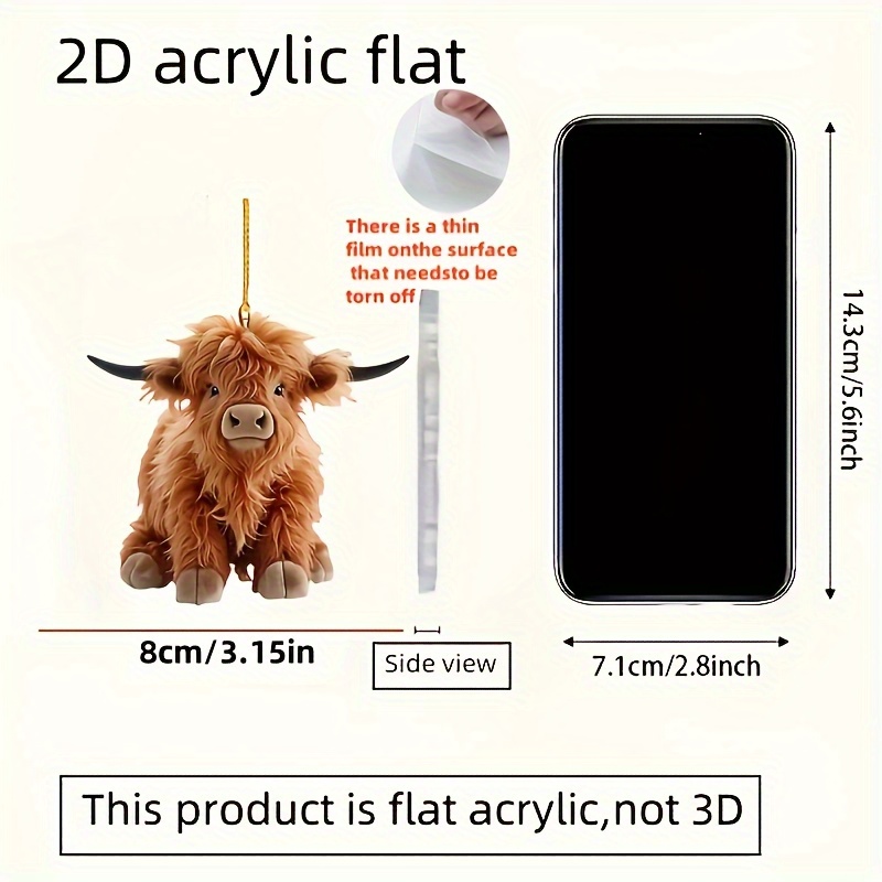 TEMU 2d Flat, 1/1pc Cute Scottish Highland Cow Acrylic Pendant- Multi-functional 2d Car Mirror Charm, Keychain, Backpack Pendant, Easy-to-hang Design, Holiday Decoration Small Gift, Gift For Daughter