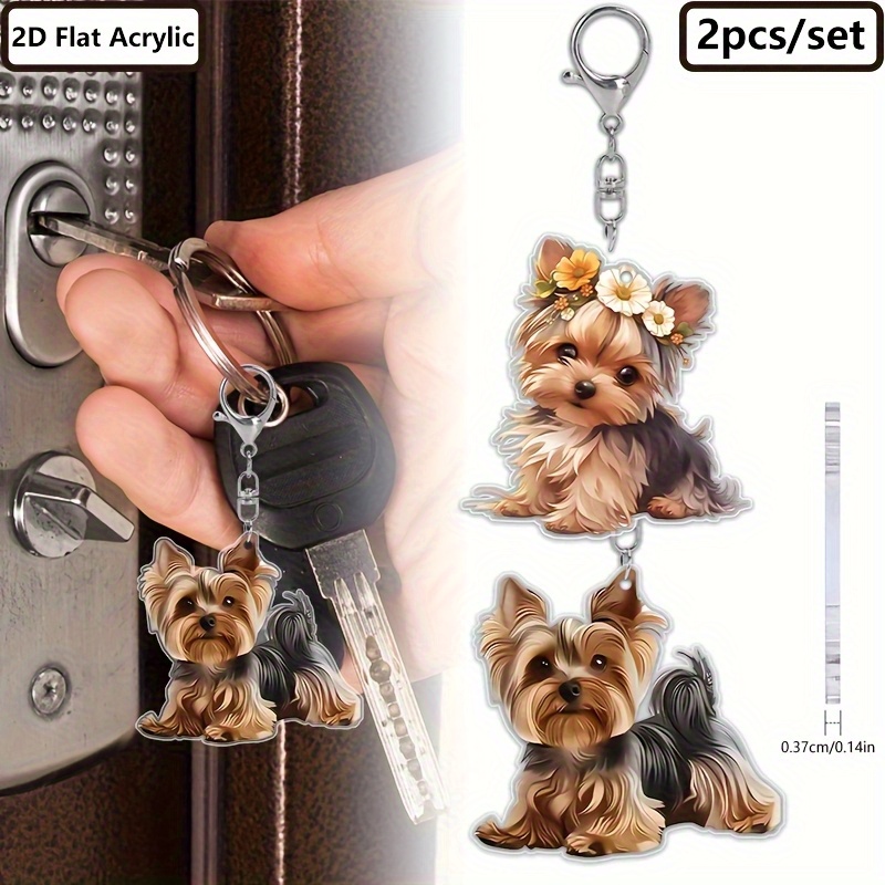 TEMU 2d Flat, 2d Flat - 2d Flat, 2d Flat - Gift For Her/him Set Of 2 Adorable 2d Flat Yorkshire Acrylic Keychains - Dog Keychain Decoration Perfect