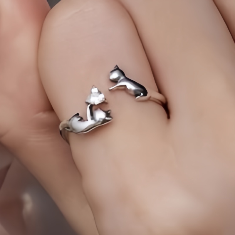 Cute Inlay Heart Cat Open Adjustable Ring for Teens