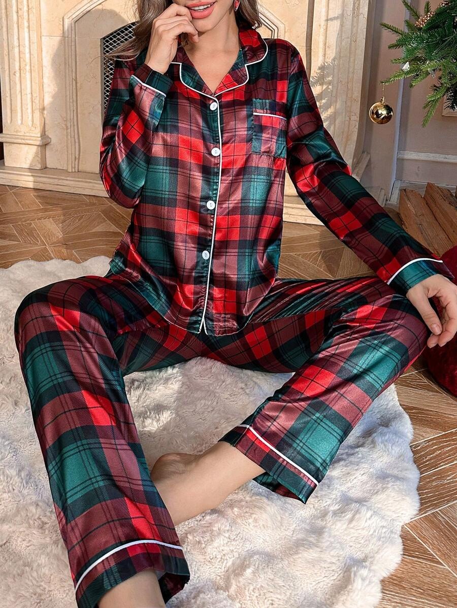 Women'S Cozy Red & Black Plaid Satin Pajama Set - Long Sleeve, Button-Up, Casual Winter Sleepwear with Festive Christmas Tree Design, Perfect for Holiday Relaxation, Holiday Relaxation Wear|Plaid Pattern|Satin Finish, Christma Pj Women, Christma Pj Set, Xma Pj Women, Pajama/night Wear/pj Set For Women
