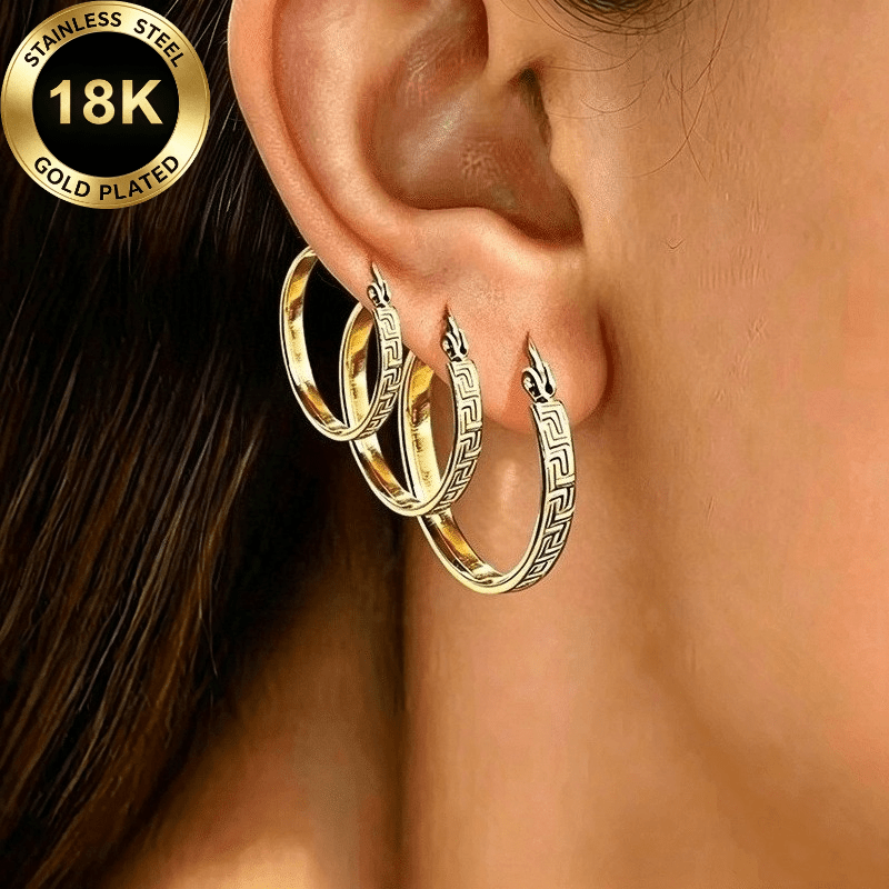 TEMU 3 de aretes grabados para mujer de acero inoxidable, y exquisitos, un juego de joyería de acero inoxidable para mujer de múltiples