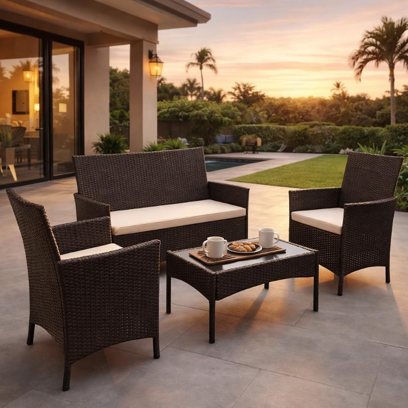   4pcs outdoor lounge set poly rattan patio furniture with cushions brown rattan sofa and chairs set for garden porch terrace lawn seating