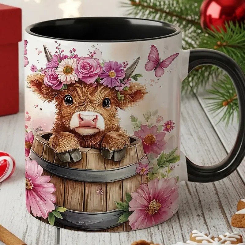 TEMU 1pc Cow Flower Pattern Coffee Mug Spring Floral Coffee Cup Adorable Calf In With Butterflies And Pink Flowers Design Ideal Gift For Mom Sister