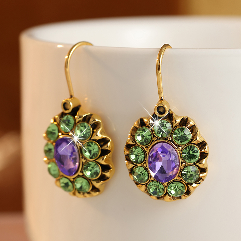 TEMU Pendientes de chapados para mujer, adecuados para fiestas y uso diario - Joyería colgante con incrustaciones moradas y verdes y aros geométricos