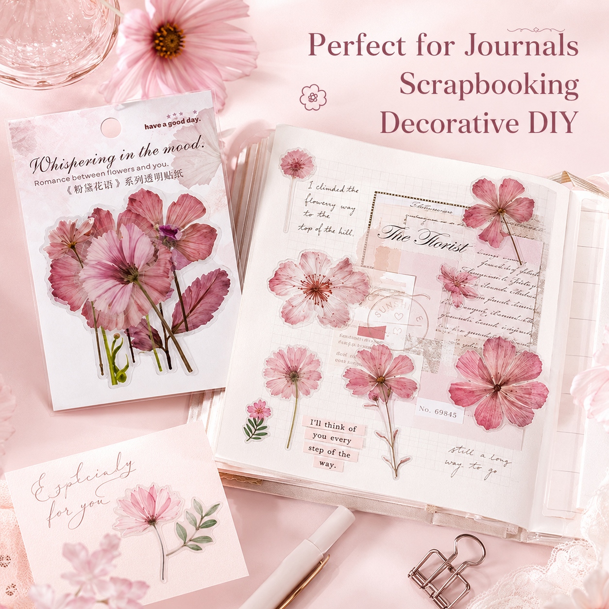 50pcs 25 , Pink Floral Transparent Pet Stickers, High Quality Clear Flower Decorative Stickers For Journaling, Scrapbooking, Planner, Card Making, Diy Crafts
