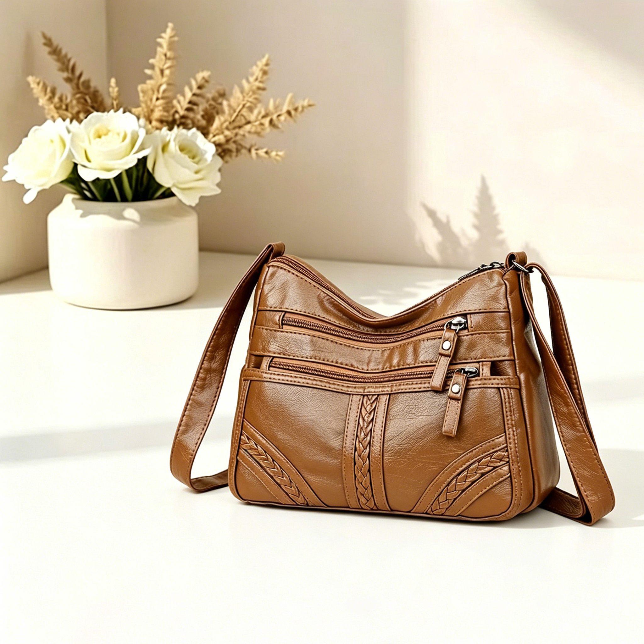 TEMU Bolso bandolera de PU para mujer con correa ajustable y múltiples bolsillos - Elegante bolso mensajero adecuado para , bolso de con cierre de