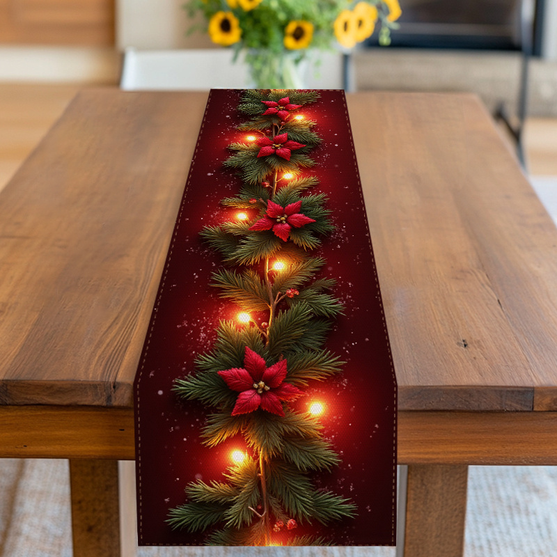 TEMU 1pc Of Pine Branch Print, Snowflakes, Christmas Elements And Warm Lights Festive Table Runner Tablecloth, Suitable For Home Decoration, Kitchen