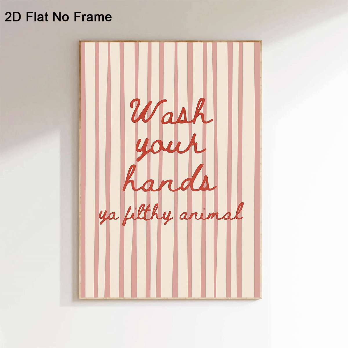TEMU Art sur toile plat 2D, 2D plat, 1 pièce cadre avec la humoristique 'Lavez vos mains, sale bête' sur un fond rayé. Cette plaque de salle de bain