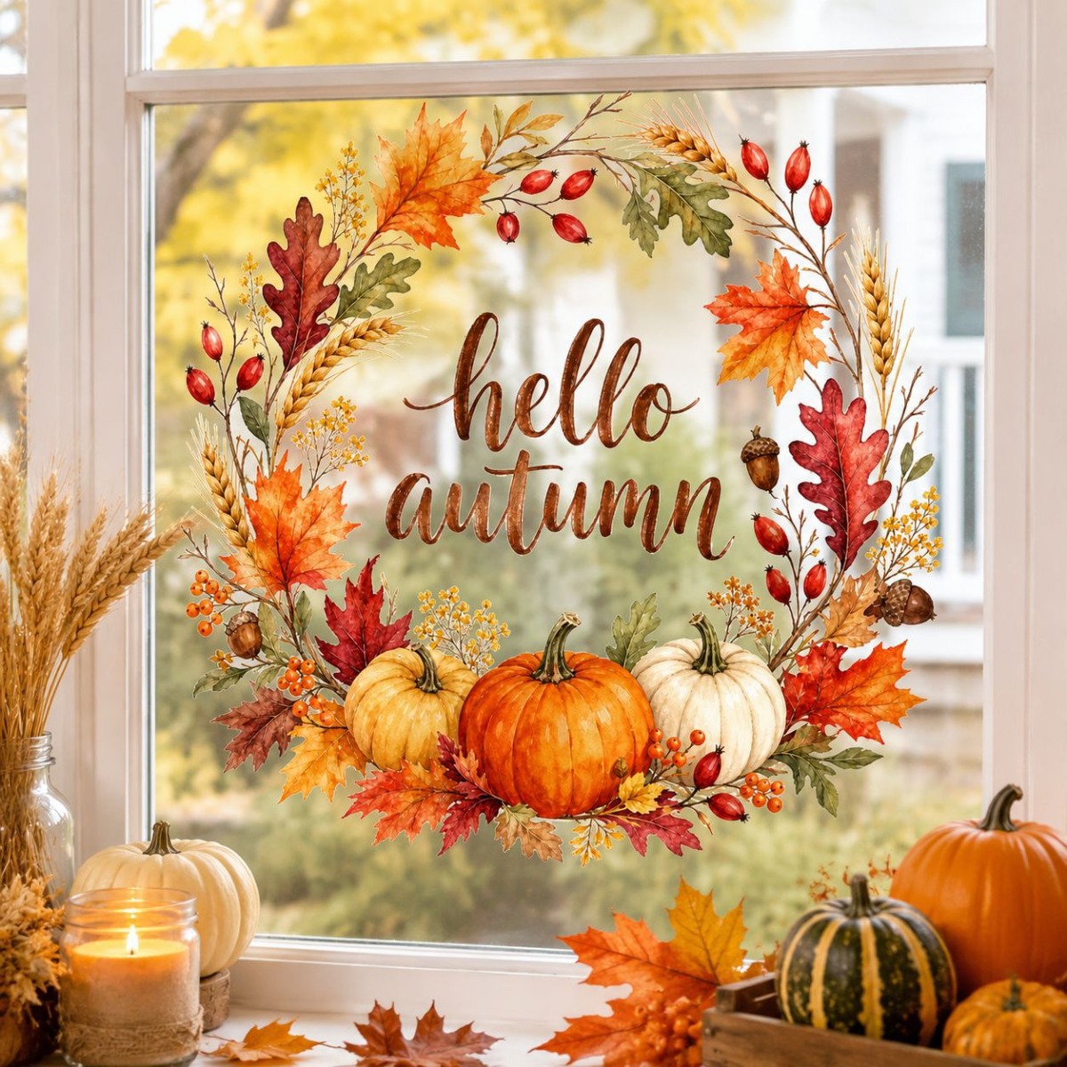 TEMU Autumn Thanksgiving Maple Leaf Wreath Window Holiday Atmosphere Decorative Removable Window Flower Self-adhesive Window Sticker, Home Wall